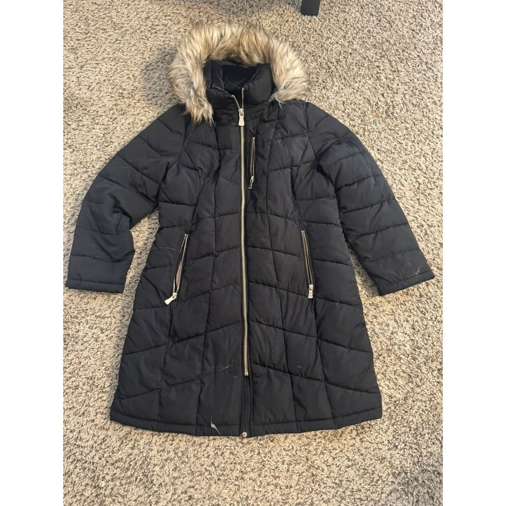 Calvin Klein Womens XL Black Quilted Puffer Coat Faux Fur Hood Knee Length Parka